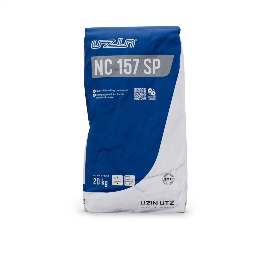 A bag of UZIN NC 157 SP, a bulk fill leveling compound, designed for floor leveling tasks. The bag is predominantly blue and white, featuring the brand name 'UZIN', product code 'NC 157 SP', and weight specification indicating 20 kg. It also displays instructions and symbols for usage, including a QR code and language options.