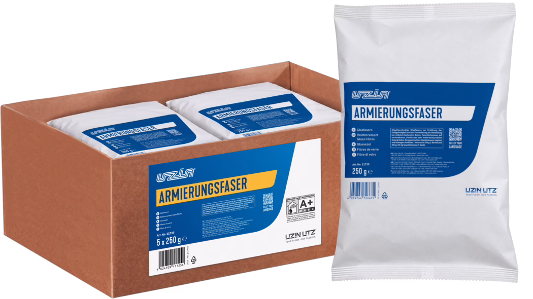 Photo of a product package: a clear plastic bag and a brown cardboard box labeled 'UZIN UTZ ARMIERUNGSFASER'. The clear bag contains fine white/transparent chopped glass fibers; the blue-and-yellow label shows brand UZIN UTZ, product name 'ARMIERUNGSFASER' and net weight '250 g'. The cardboard box contains several sealed packs with the same label; white background.