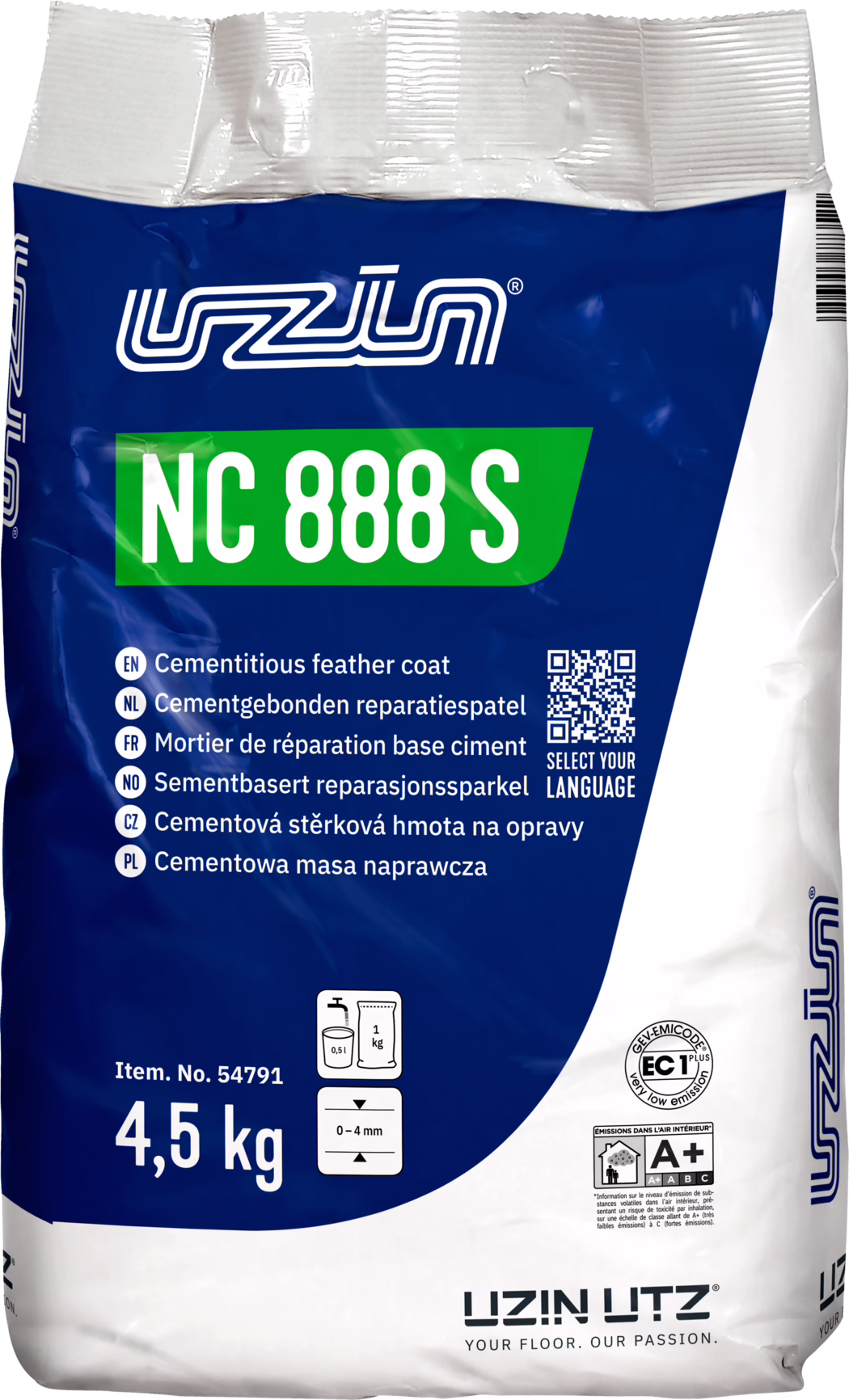 Photo of a 4.5 kg bag of UZIN NC 888 S, a cementitious feather coat. The plastic packaging is blue and white with a green NC 888 S label and the UZIN logo at the top. Visible texts include the product name, multilingual descriptions, a QR code reading 'Select your language', item number 54791, a mixing icon suggesting approximately 0.5 l water per 1 kg, recommended application thickness 0–4 mm, low-emission certification EC1 Plus and an A+ indoor emission label. Intended use: cement-based repair and smoothing mortar for floor repairs and leveling. The weight '4,5 kg' is printed prominently. The bag shows creases and a barcode on the right edge.