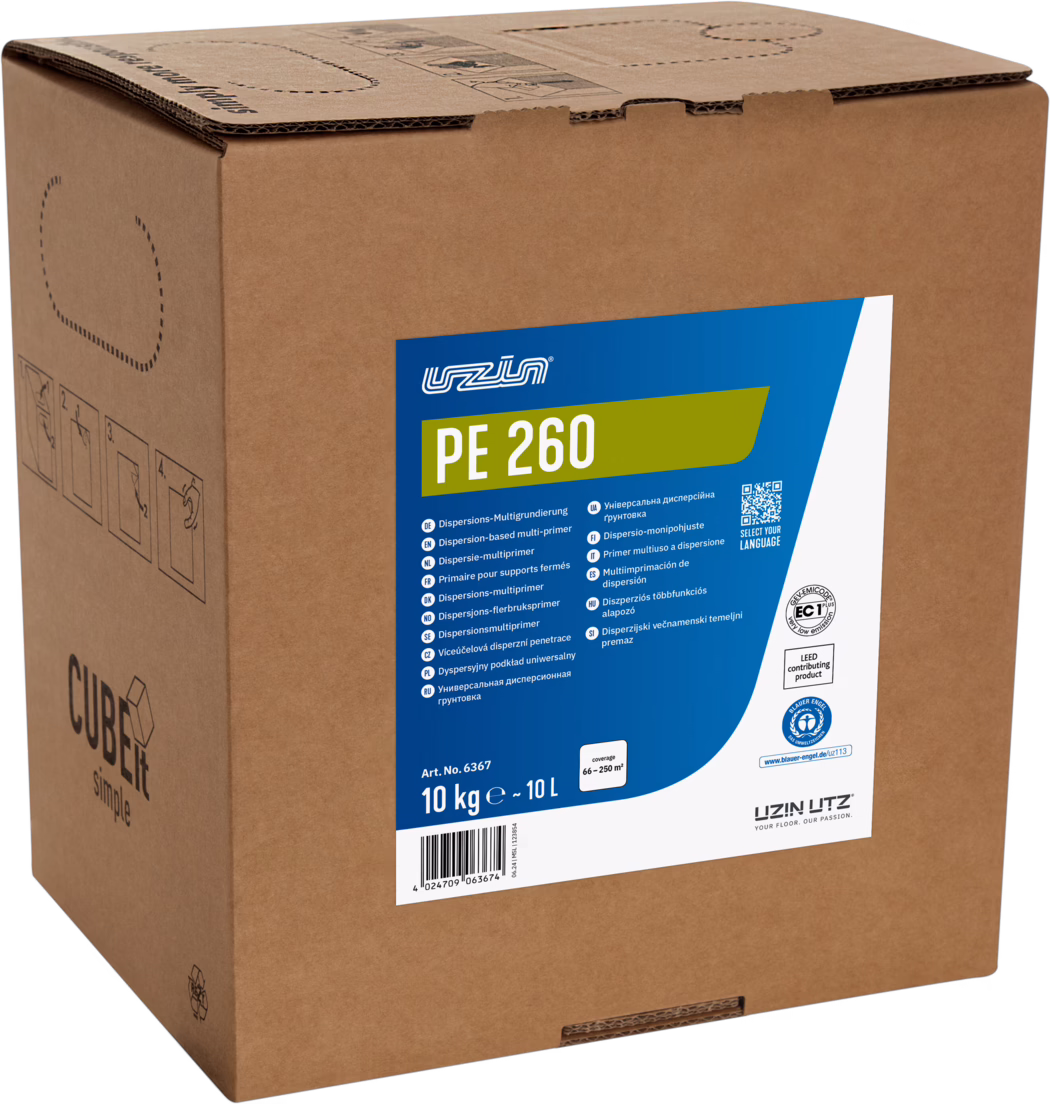 UZIN_Dummy_PE 260-10kg CUBE_2024-06 Brown corrugated cardboard box with a large blue-green product label reading "PE 260". The label shows the UZIN logo, product name, a multilingual description describing a dispersion-based multi-primer, the net content '10 kg ≈ 10 L', article code, barcode, coverage information and certification marks. The side displays handling pictograms and 'CUBEit simple' branding. The image presents the front and top flap of the box against a white background.