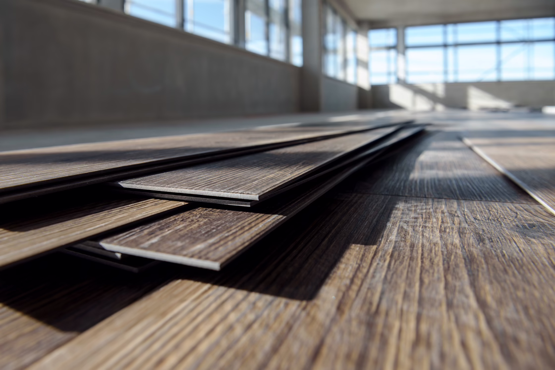 Stacked LVT flooring planks on a wooden subfloor, highlighting surface texture in a bright interior setting.