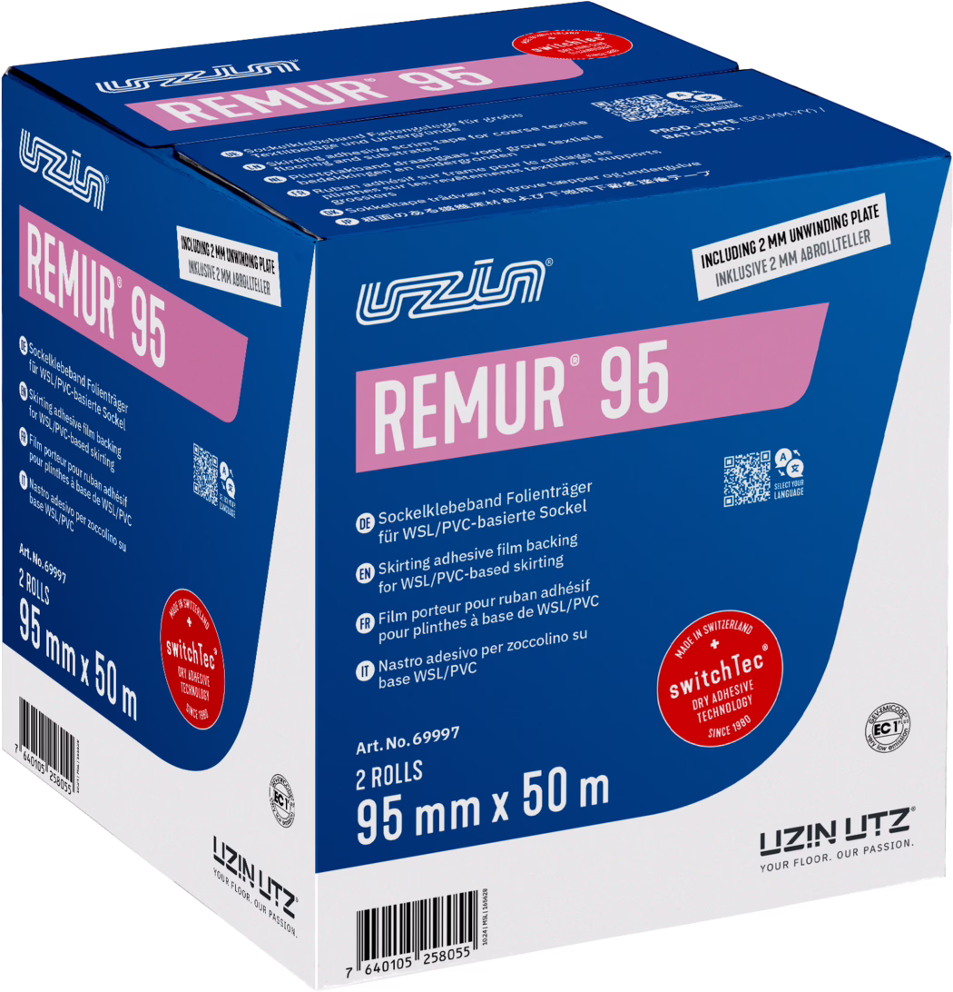 UZIN_Dummy_Remur 95-carton_2024-10 Photograph of a blue and white retail box of 'REMUR 95' by UZIN UTZ, shown at a slight angle. The packaging features a prominent pink label with the product name 'REMUR 95', the company logo, and multilingual technical information. The front displays '2 ROLLS' and the dimensions '95 mm x 50 m'. A red circular 'switchTec' badge, a QR code, a barcode and a small label reading 'INCLUDING 2 MM UNWINDING PLATE' are visible. The box appears new and is printed with clear product details for skirting adhesive film for WSL/PVC-based skirting.