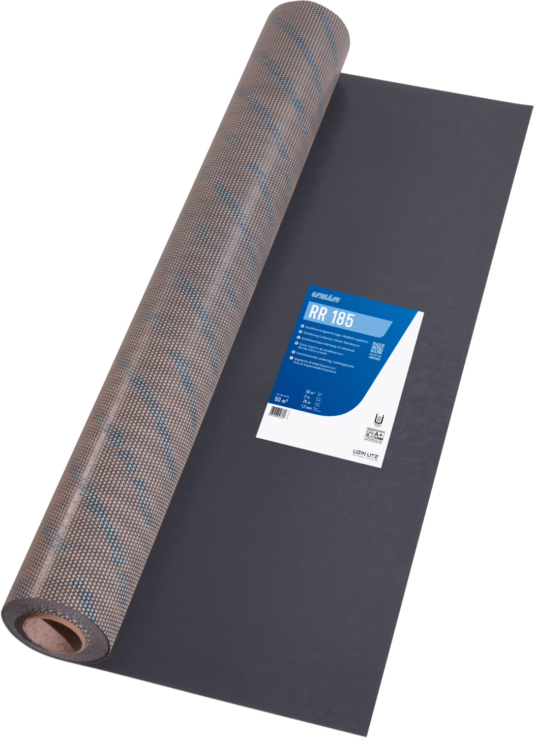 UZIN_Dummy_RR 185_2024-06 Roll of roofing underlayment partially unrolled on a flat surface, showing a textured brown top layer with subtle blue diagonal lines and a dark grey underside; a blue-and-white product label reads 'RR 185' with technical information.